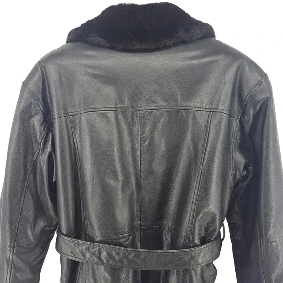 Wilsons Leather Womens Black Jacket‎ Faux Fur Collar Lining Belted Trench Coat M - Picture 11 of 12